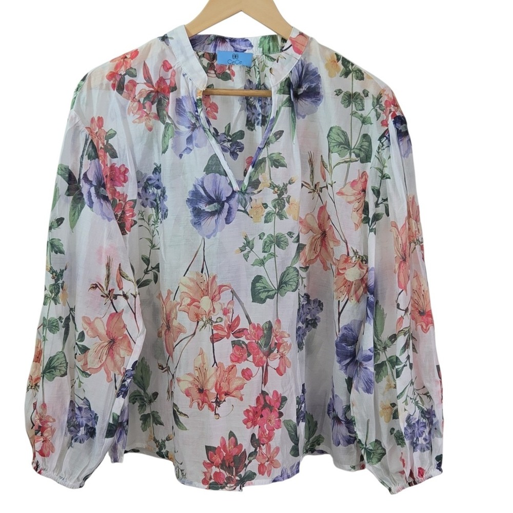 CeCe White‎ Floral Print Blouse V Neck Long Sleeve Lightweight Sheer Womens Top